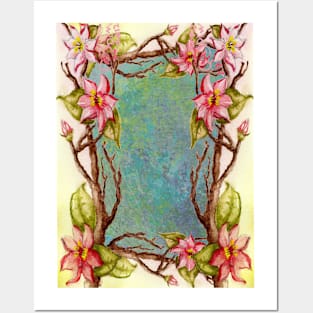 red flowers, spring tree branch border, tie dye abstract Posters and Art